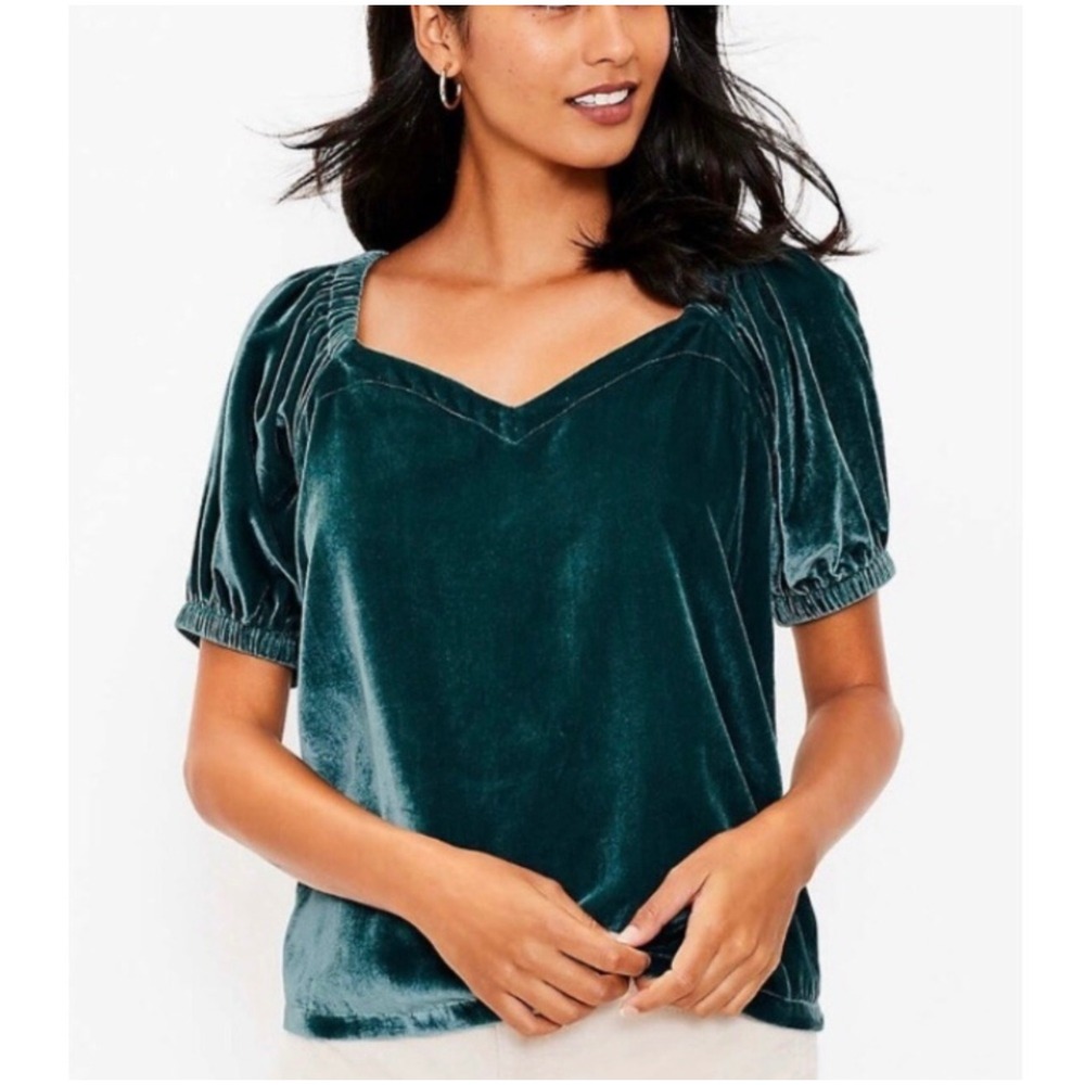 LOFT Teal Velvet Puff Sleeve Blouse
